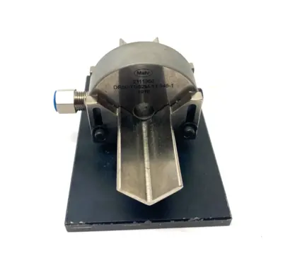 USED MAHR DIMENSIONAIR 2-JET AIR RING GAUGE W/ GUIDE CHUTES & BASE PLATE