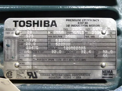 20 HP 256TC Frame Toshiba B0204FLT20SH Electric Motor 575V 1800 RPM E-OK Rebuilt