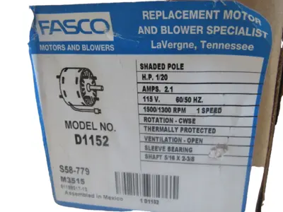 NEW FASCO D1152 MOTOR H.P. 1/20 AMPS 2.1 115V 60/50HZ