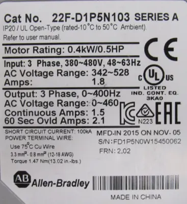 USED ALLEN BRADLEY 22F-D1P5N103 POWERFLEX 4M .5HP 22FD1P5N103