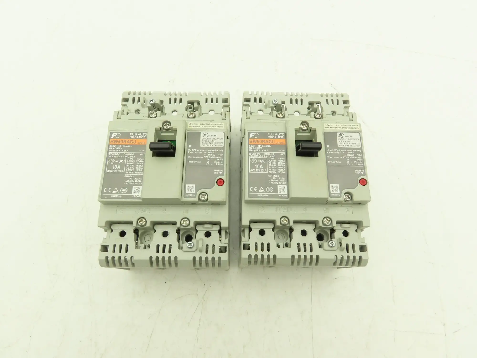 Fuji BW50RAGU3P010 3-Pole Auto Circuit Breaker 10A 500V 3Ph Molded Case Lot of 2