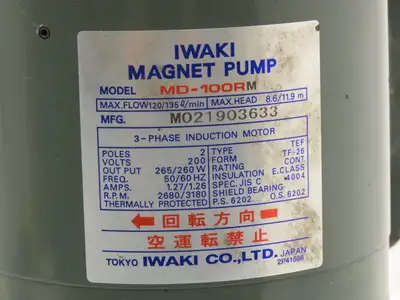 Iwaki MD-100RM Magnetic Drive Water Pump 1"Poly Plastic 220V 3PH 135 L/min