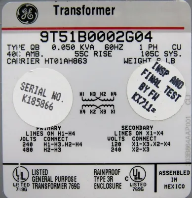 NEW GENERAL ELECTRIC 9T51B0002G04 TRANSFORMER 0.050 KVA 60HZ
