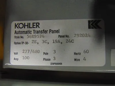 100 Amp Kohler Automatic Transfer Switch 56E9574 277/480V Used