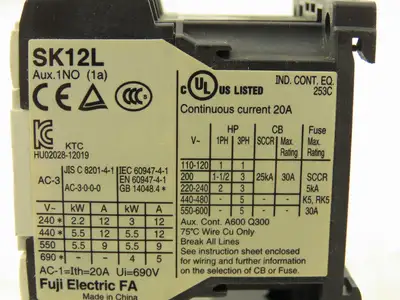 Fuji SK12L Motor Starter Contactor 5.5kW 600V TK12W & Thermal Overload 5-7.5A