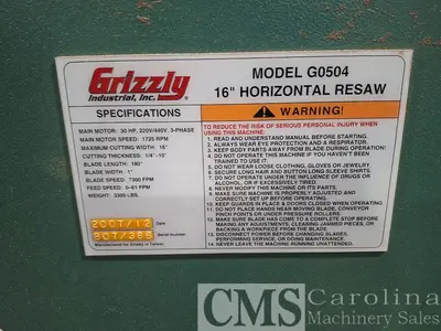 Used 2007 GRIZZLY G0504 16" HORIZONTAL RESAW Woodworking Horizontal Band Resaws North Carolina US | CAROLINA MACHINERY SALES #1469336