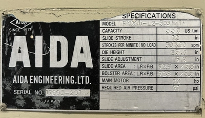 Used 1985 AIDA PRESSES AIDA PMX(1)-L2-300H(1) PRESS Straight Side Presses | Alma Machinery #898812