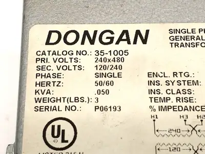 35-1005 | Dongan  General Purpose Transformer 1PH 240x480V 120/240V .050kVA - Used
