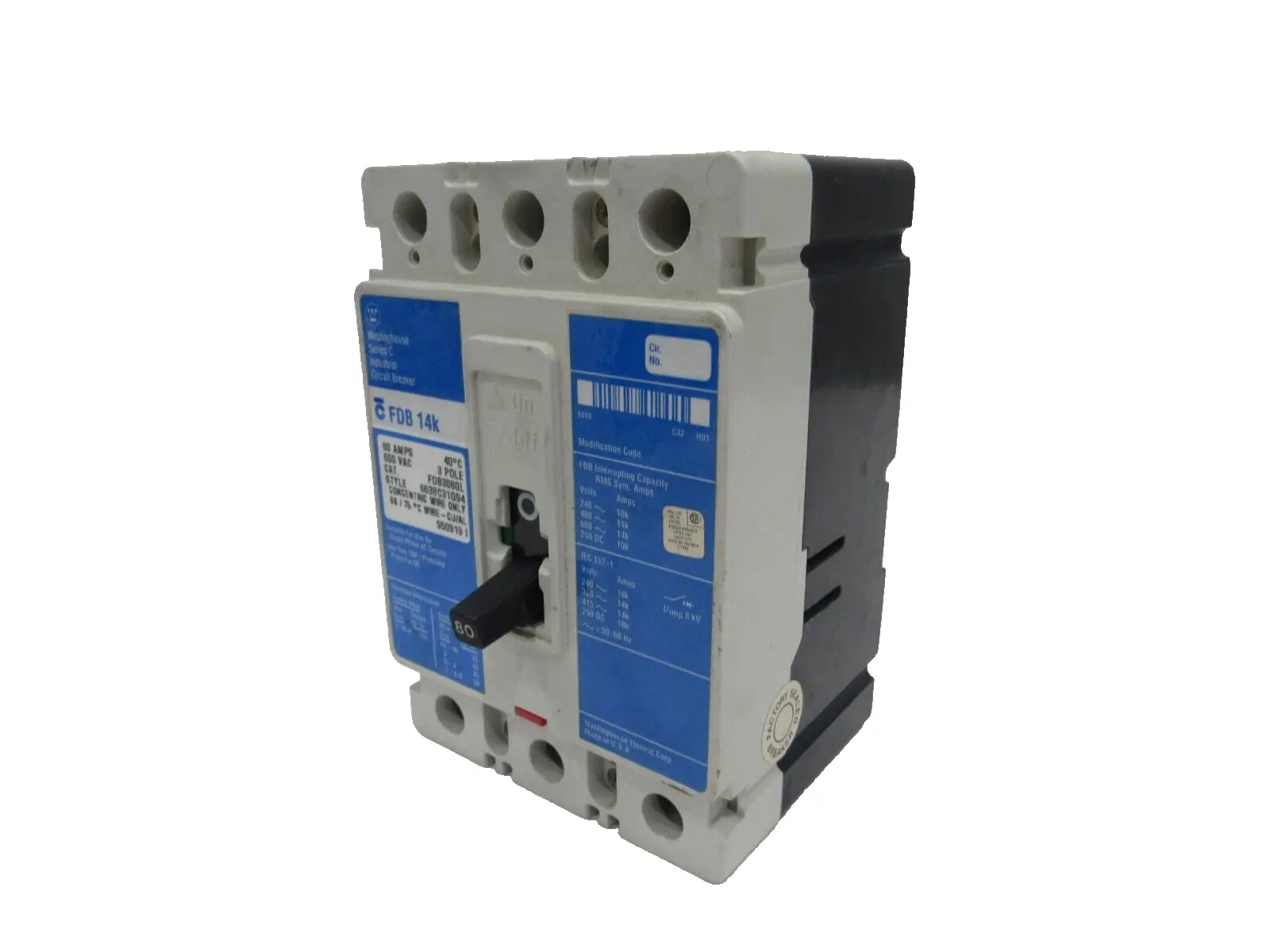 NEW WESTINGHOUSE FDB3080L CIRCUIT BREAKER FDB 14K 80AMPS 600VAC