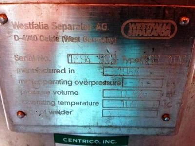 Westfalia SA 7-06-076 clarifier centrifuge, 316SS.
