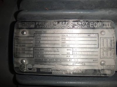 Toshiba 20 hp, 1800 rpm, 254T frame motor
