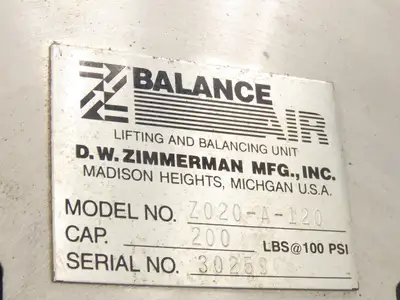 Ingersoll Zimmerman Z020A120 Pneumatic Air Balancer 6' Travel 400Lb w/Load Block