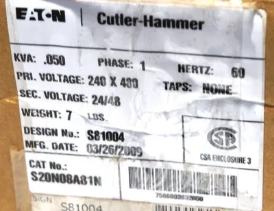 NEW CUTLER HAMMER S20N08A81N BUCK BOOST TRANSFORMER