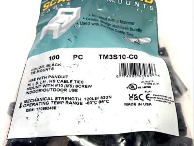 TM3S10-C0 | Panduit  Black Cable Tie Mount, UV PA 6.6, 0.86"x0.61" #10 Screw 100-PK - New