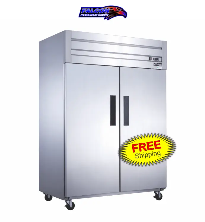 New | in-Stock Dukers New Dukers D55AR Commercial Solid 2-Door Top Mount Refrigerator in Stainless Steel Refrigerators Illinois US | Falcon Restaurant Supply #1376329