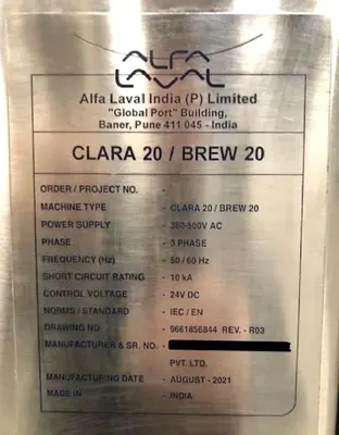 Alfa-Laval LAPX 404 SGP-31G/GC CLARA 20 HF clarifier skid.