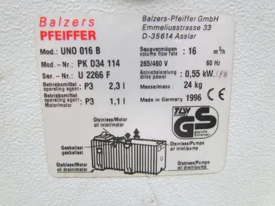 Pfeiffer UNO-016-B Rotary Vane Vacuum Pump .74 HP 265/460V 60 Hz
