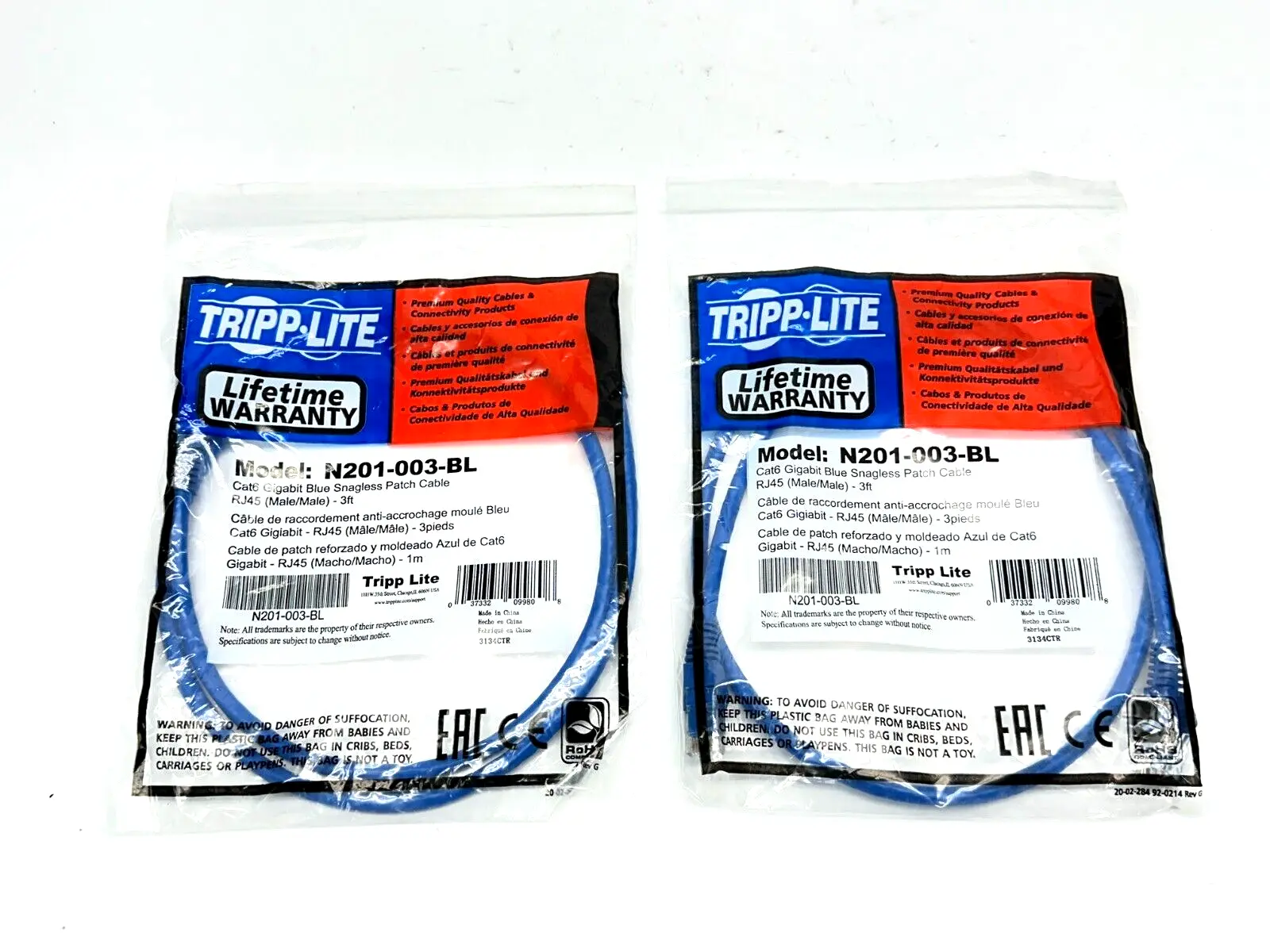Tripp Lite N201-003-BL Cat6 Gigabit Blue Snagless Patch Cable 3ft LOT OF 2