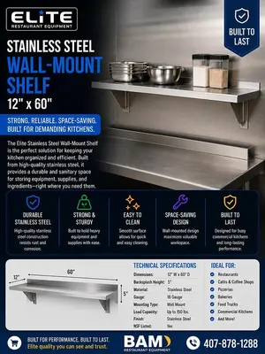 Elite Stainless Steel Wall-Mount Shelf 12x'60'