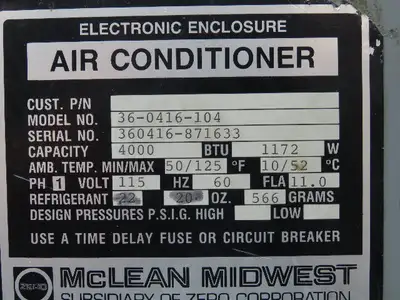 Mclean Midwest 36-0416-104 Electrical Enclosure Air Conditioner 4000 BTU 115V