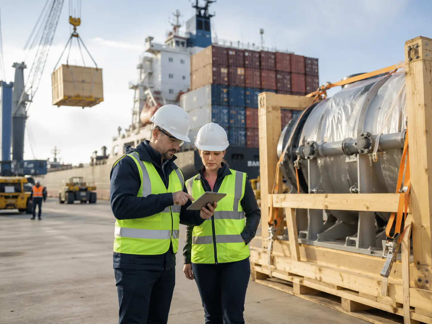 Port personnel reviewing cargo documentation on a tablet beside a crated shipment and container vessel