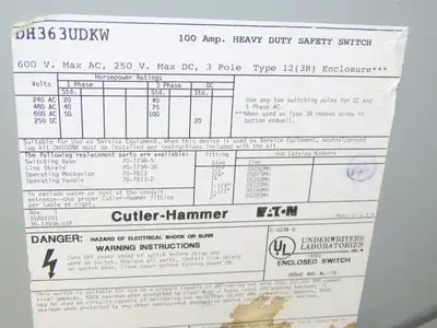 Cutler Hammer Eaton DH363UDKW Safety Disconnect Switch 100A 600V 3Ph Non Fused