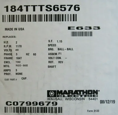 NEW MARATHON 184TTTS6576 MOTOR 2HP 460V 1170RPM 184T 1-1/8" UVJ184TTTS6576DSL
