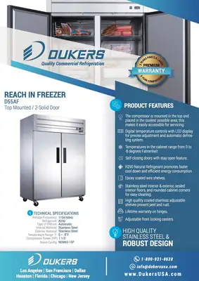 New | in-Stock Dukers New Dukers D55AF Stainless Steel Commercial Solid 2-Door Top Mount Freezer Freezers Illinois US | Falcon Restaurant Supply #1376331