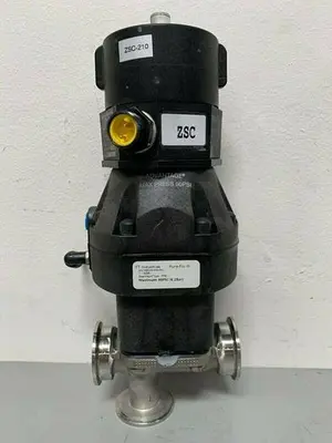 USED ITT 3-WAY DIAPHRAGM STAINLESS STEEL VALVE W/ 2" SANITARY FIT & POSITION MONITOR