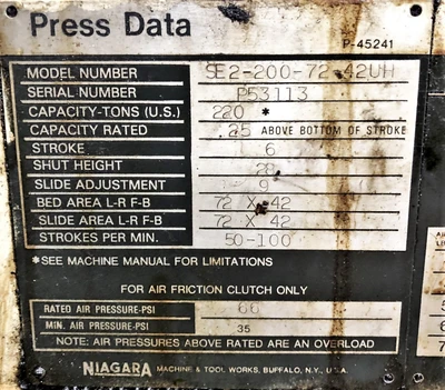 USED 1988 NIAGARA NIAGARA SE2-200-72-42-UH PRESS