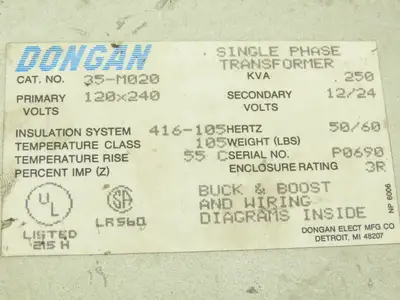 Dongan 35-M020 Power Transformer 250KVA 1Ph HV 120/240V LV24/12V