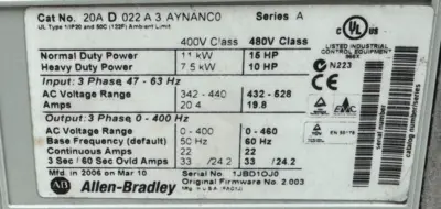 USED ALLEN BRADLEY 20AD022A3AYNANC0 POWERFLEX 70 SER. A 15HP