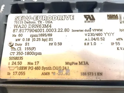 Used SEW-Eurodrive SPIROPLAN 3-Phase Right-Angle Gearmotor 0.18kW Gearmotors Michigan US | Maverick Industrial Sales #1394422