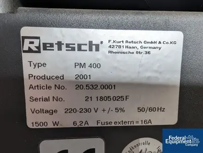 USED Retsch Retsch Ball Mill, Model PM400
