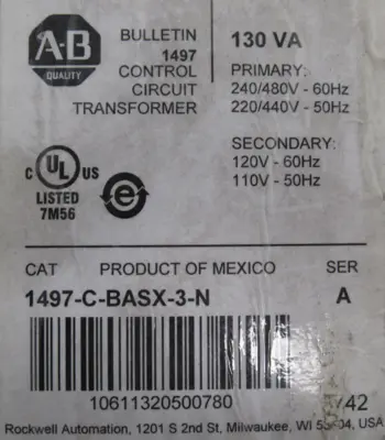 ALLEN BRADLEY 1497-C-BASX-3-N TRANSFORMER SER.A 1497CBASX3N NEW SURPLUS