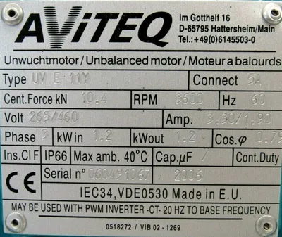 NEW AVITEQ UVE11Y UNBALANCED MOTOR 265/460V