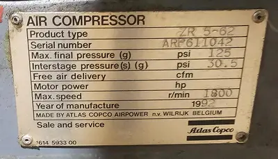 USED 1992 ATLAS COPCO ZR 5-62