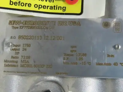 Sew KF77DRE100LC4/DH 73.99:1 Ratio 24RPM 5Hp 230/460V Left Hand Gearmotor