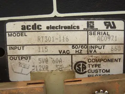 ACDC Electronics RT301-116 Power Supply 115VAC Input Output  5V 60A-12V 5A