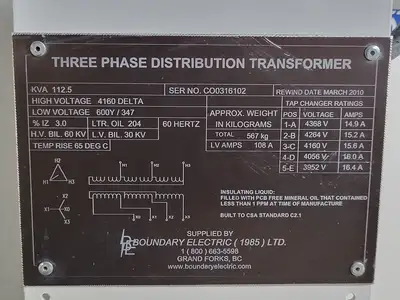 112.5 kVA Three Phase Distribution Transformer Pri 4160V, Sec 600Y/347V