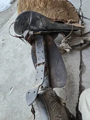 Vintage Western Saddle and Tack Set including Saddle, Stirrups, Reins, and Rope