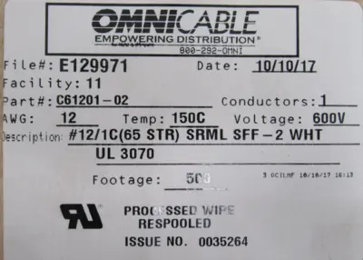 NEW OMNI CABLE C61201-02 CABLE 500' 12AWG 600V C6120102
