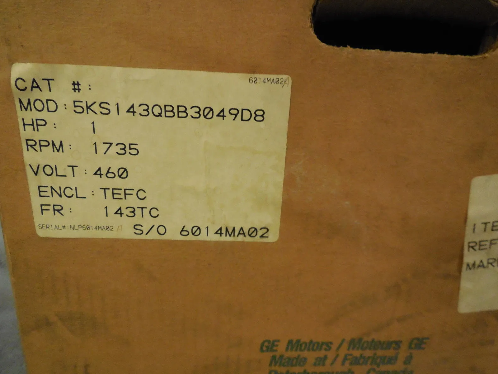 NEW GE 5KS143QBB3049D8 MOTOR 1 HP 1735 RPM 3 PHASE 60HZ