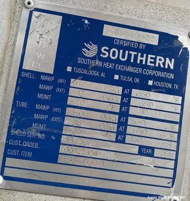 Used Southern Heat Exchanger 8500 Sq. Ft. 304L Stainless Horizontal Heat Exchanger – 51" x 26', Built 2019