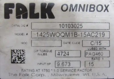 NEW FALK 1425WOQM1B-15AC219 GEAR REDUCER 15:1 1425WOQM1B15AC219 10103025
