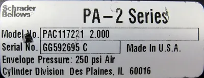 NEW SCHRADER BELLOWS PAC117221 PNEUMATIC CYLINDER PA-2 SERIES 2" STROKE 250 PSI