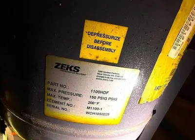 ZEKS MODEL 1100HDF MIST ELIMINATOR 1100 SCFM DESIGN MAX WORKING PRESSURE 150 PSI