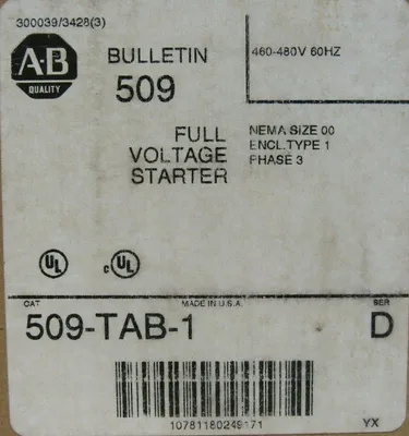 NEW ALLEN BRADLEY 509-TAB-1 NON-REVERSING STARTER SIZE 00 SER.D 509TAB1
