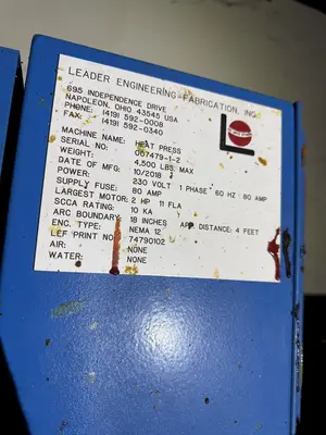3,000 PSI LEADER ENGINEERING FABRICATION HEAT PRESS. STOCK #0431926