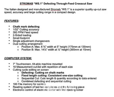 USED 2018 STROMAB WS1 OPTIMIZING CUT OFF SAW